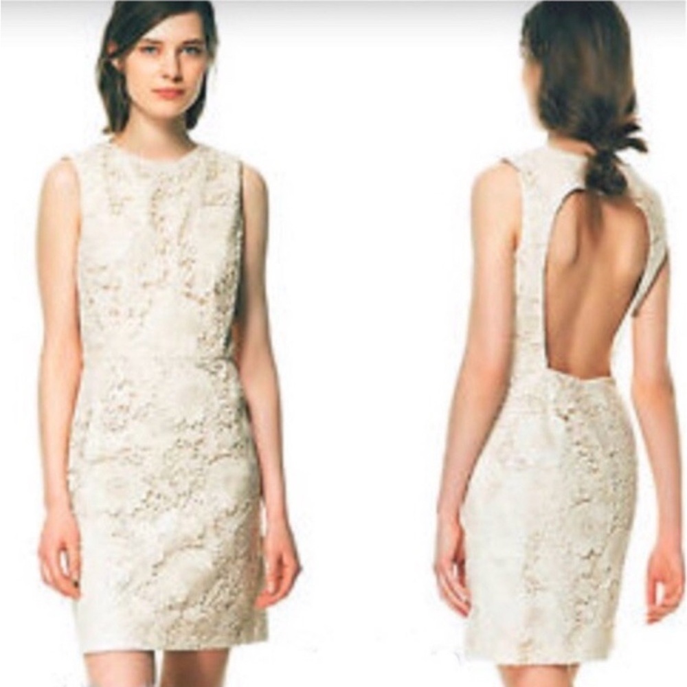 Zara  V-neck Lace Bodycon Mini Dress Off White Cream Size Medium